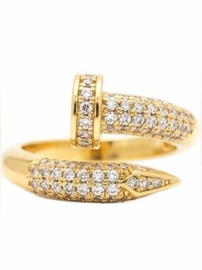 Iced Out Yellow Gold Filled Adjustable Nail Wrap Ring Designer Inspired NWOT
